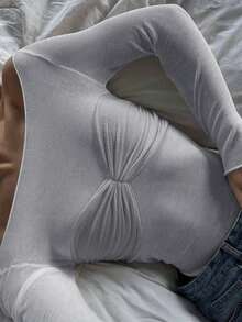 Y2K Stretchy See-Through Bow Bust Ruched Long Sleeve Off Shoulder Knitted Slim Fit Sweater T-Shirt Top - Grey - View 5