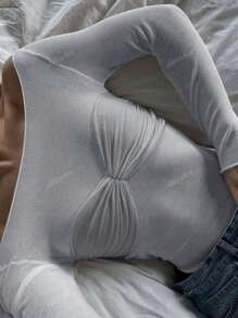 Y2K Stretchy See-Through Bow Bust Ruched Long Sleeve Off Shoulder Knitted Slim Fit Sweater T-Shirt Top