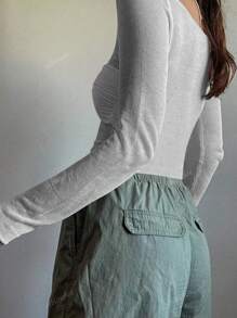 Y2K Stretchy See-Through Bow Bust Ruched Long Sleeve Off Shoulder Knitted Slim Fit Sweater T-Shirt Top