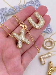 Charm Necklace With Zirconia Pendant Letter Decoration Gold And Silver Plated Necklace Jewelry, Gifts - 金色 - 查看 6