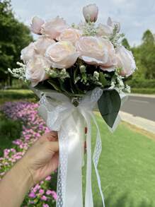 1 bó hoa cưới giả gồm hoa hồng, lúa mì và lá xanh, phụ kiện hoa ren cho cô dâu, phù dâu, chụp ảnh cưới ngoài trời, ngày Valentine, tiệc cưới. - Nhiều màu - Xem 5