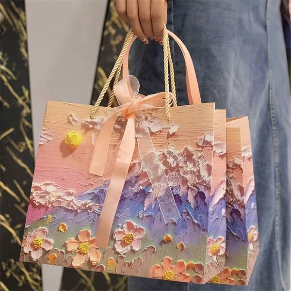 1 pieza Bolsa de regalo 3D con patrón romántico de nubes, montañas y flores, color rosa, para fiesta de cumpleaños, vacaciones, Acción de Gracias, embalaje de regalo de cumpleaños, bolso