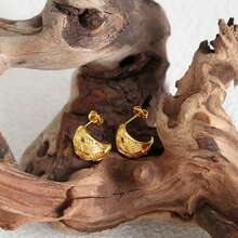 时尚小众设计钛钢 18K 镀金镂空编织 C 形环状耳环，适合女性日常佩戴或派对活动 - 金色 - 查看 12