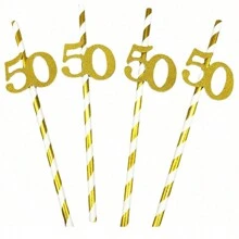 10pcs Paper Straws With 18, 21, 30, 40, 50, 60, 70, 80 Number Design In Gold & Rose Gold Color, Cake Decor For Birthday Party