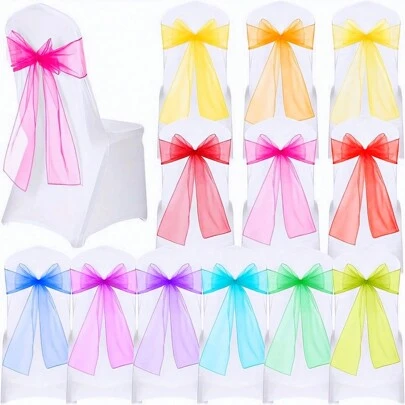 10/25pcs Organza Chair Sash, Dining Table Decor Organza Bowknot Chair Bows, Wedding Supplies Chair Back Decor Ribbons, 18cm Wide, 275cm Long, Need DIY Tie Into Butterfly Shape, Glass Yarn Chair Back Chiffon Festival Party Decor, Organza Canopy Staircase Chiffon Flowers Outdoor Tent Wedding Ceremony Graduation Party Backdrop Decoration, Interactive Party Atmosphere Supplies, Gift Wrapping Decorative Ribbons