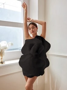 女士 3D 玫瑰花朵礼服，飘逸气质，不对称露背，大花朵设计，情人节礼服，春夏装派对礼服婚礼宾客礼服舞会礼服 - 黑色 - 查看 5