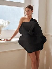 女士 3D 玫瑰花朵礼服，飘逸气质，不对称露背，大花朵设计，情人节礼服，春夏装派对礼服婚礼宾客礼服舞会礼服 - 黑色 - 查看 8