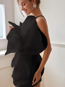 女士 3D 玫瑰花朵礼服，飘逸气质，不对称露背，大花朵设计，情人节礼服，春夏装派对礼服婚礼宾客礼服舞会礼服 - 黑色 - 查看 7