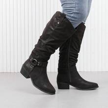 Women's Extra Wide Calf Knee High Boots, Wide Width Slouchy Knee-High Boots Low Stacked Heel Winter Fall Plus Size Boots - PU đen - Xem 2
