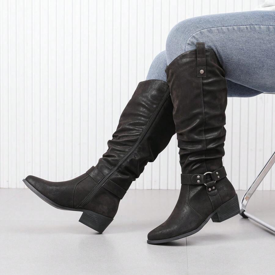 Women's Extra Wide Calf Knee High Boots, Wide Width Slouchy Knee-High Boots Low Stacked Heel Winter Fall Plus Size Boots - PU đen - Xem 1