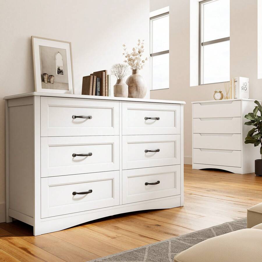 Lofka Dresser For Bedroom With 6 Drawers, Wood Wide Chest Of Drawers, Modern Wood Double Chest Of Drawers With Metal Handles And Anti-Tripping Device For Home, Living Room, Hallway, Cloakroom, Home Decor, Valentine's Day Ideas - trắng - Xem 1