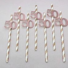 10pcs Paper Straws With 18, 21, 30, 40, 50, 60, 70, 80 Number Design In Gold & Rose Gold Color, Cake Decor For Birthday Party