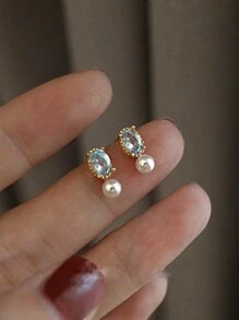 1 par de brincos de pérolas artificiais azuis de prata esterlina S925 retrô francesas elegantes para mulheres, brincos leves de design de nicho de luxo, adequados para uso em banquetes, joias de casamento - Ouro - Ver 1