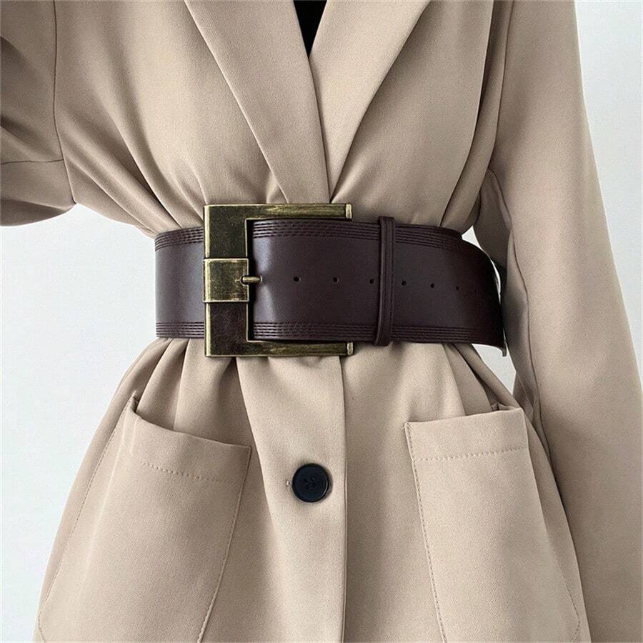 1 Stück braun PU Leder Vintage Stil breite Schnalle Gürtel für Frauen, verstellbare Länge 103-108cm Sommer, Schule, Herbst, Halloween - Braun - Übersicht 1