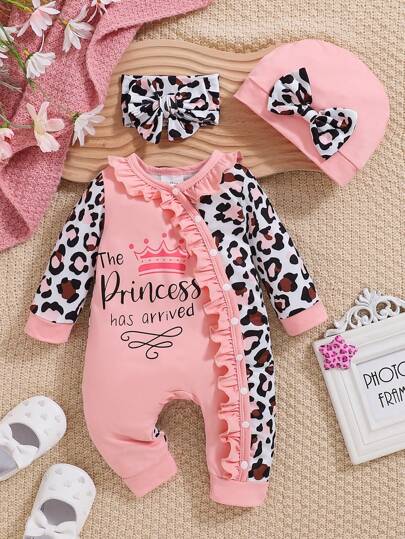 Pelele con capucha para bebé niña con estampado de leopardo y letra, para otoño/invierno