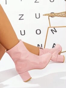 Women's Plus Size Pink Glossy Patent Leather Side Zipper Design High Heel Short Boots, Suitable For Workplaces, Fashion Casual, Chunky Heel Chelsea Boots, Outdoor Slim, Short Shaft Elegant Booties