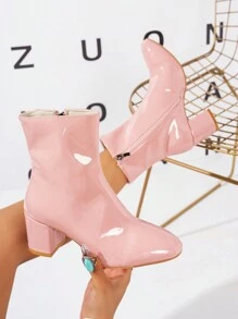 Women's Plus Size Pink Glossy Patent Leather Side Zipper Design High Heel Short Boots, Suitable For Workplaces, Fashion Casual, Chunky Heel Chelsea Boots, Outdoor Slim, Short Shaft Elegant Booties