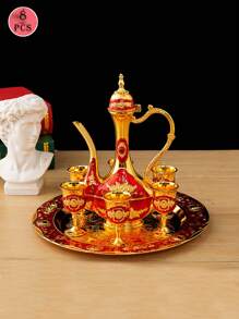 1 Bộ ấm trà, Bộ bình đựng rượu, Bộ phong cách Châu Âu, Bộ đồ ăn bằng kim loại màu vàng, Dùng trang trí nhà cửa và nhà hàng, Bộ cốc và ly thủy tinh màu vàng sang trọng, Sang trọng, Đồ dùng lưu trữ, Trang trí phòng, Có thể dùng đựng nước uống, cà phê, sữa, đồ uống, v.v., Thích hợp cho nhà bếp, nhà hàng, quán bar, tiệc tùng, tụ họp, đám cưới, quà tặng cho bạn bè, quà tặng cho bạn trai, quà tặng cho cha, quà tặng Giáng sinh, quà tặng năm mới. - Đỏ - Xem 1