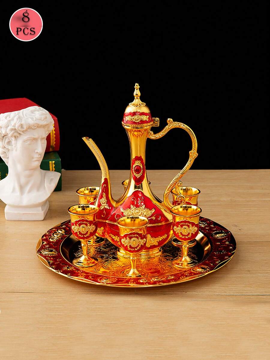 1 Bộ ấm trà, Bộ bình đựng rượu, Bộ phong cách Châu Âu, Bộ đồ ăn bằng kim loại màu vàng, Dùng trang trí nhà cửa và nhà hàng, Bộ cốc và ly thủy tinh màu vàng sang trọng, Sang trọng, Đồ dùng lưu trữ, Trang trí phòng, Có thể dùng đựng nước uống, cà phê, sữa, đồ uống, v.v., Thích hợp cho nhà bếp, nhà hàng, quán bar, tiệc tùng, tụ họp, đám cưới, quà tặng cho bạn bè, quà tặng cho bạn trai, quà tặng cho cha, quà tặng Giáng sinh, quà tặng năm mới. - Đỏ - Xem 1