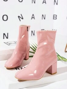 Women's Plus Size Pink Glossy Patent Leather Side Zipper Design High Heel Short Boots, Suitable For Workplaces, Fashion Casual, Chunky Heel Chelsea Boots, Outdoor Slim, Short Shaft Elegant Booties