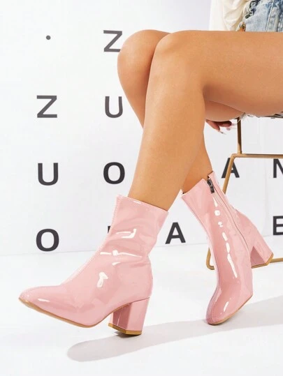 ROMWE Kawaii Bốt cao gót ngắn bằng da bóng màu hồng cỡ lớn dành cho nữ mùa thu/đông, thiết kế khóa kéo bên hông, phù hợp đi làm, thời trang thường ngày, bốt Chelsea gót dày, dáng ôm, bốt cổ ngắn thanh lịch