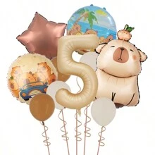 MIN ISO No use 10pcs Cute Capybara Theme Kawaii Hamster Series Cream & Caramel Colored 3D Numeral Multicolored Balloons Party Decorations Set, Suitable For Holidays, Birthdays, Gatherings, Back To School Valentine Day