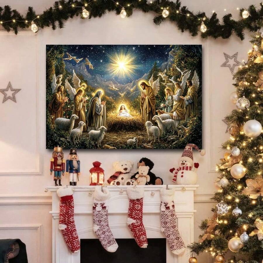 Christmas Birth Scene Of Jesus Wooden Framed Canvas Painting, Winter Scene Mural, Reindeer, Santa Claus, Bells, Christmas Tree, Socks, Suitable For Bedrooms, Living Rooms, Dining Rooms, Outdoors, Waterproof, High-Definition Printing, The Best Holiday Gift, Ready To Hang - A - 查看 1