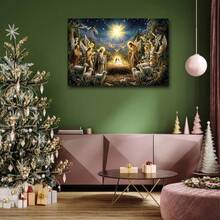 Christmas Birth Scene Of Jesus Wooden Framed Canvas Painting, Winter Scene Mural, Reindeer, Santa Claus, Bells, Christmas Tree, Socks, Suitable For Bedrooms, Living Rooms, Dining Rooms, Outdoors, Waterproof, High-Definition Printing, The Best Holiday Gift, Ready To Hang - A - 查看 3