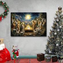 Christmas Birth Scene Of Jesus Wooden Framed Canvas Painting, Winter Scene Mural, Reindeer, Santa Claus, Bells, Christmas Tree, Socks, Suitable For Bedrooms, Living Rooms, Dining Rooms, Outdoors, Waterproof, High-Definition Printing, The Best Holiday Gift, Ready To Hang - A - 查看 5