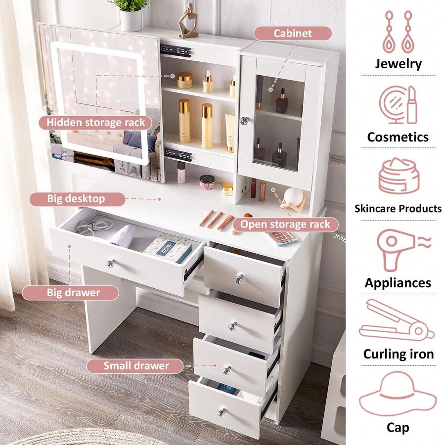 Vanity Desk With Lighted Mirror, Large Makeup Vanity With Sliding