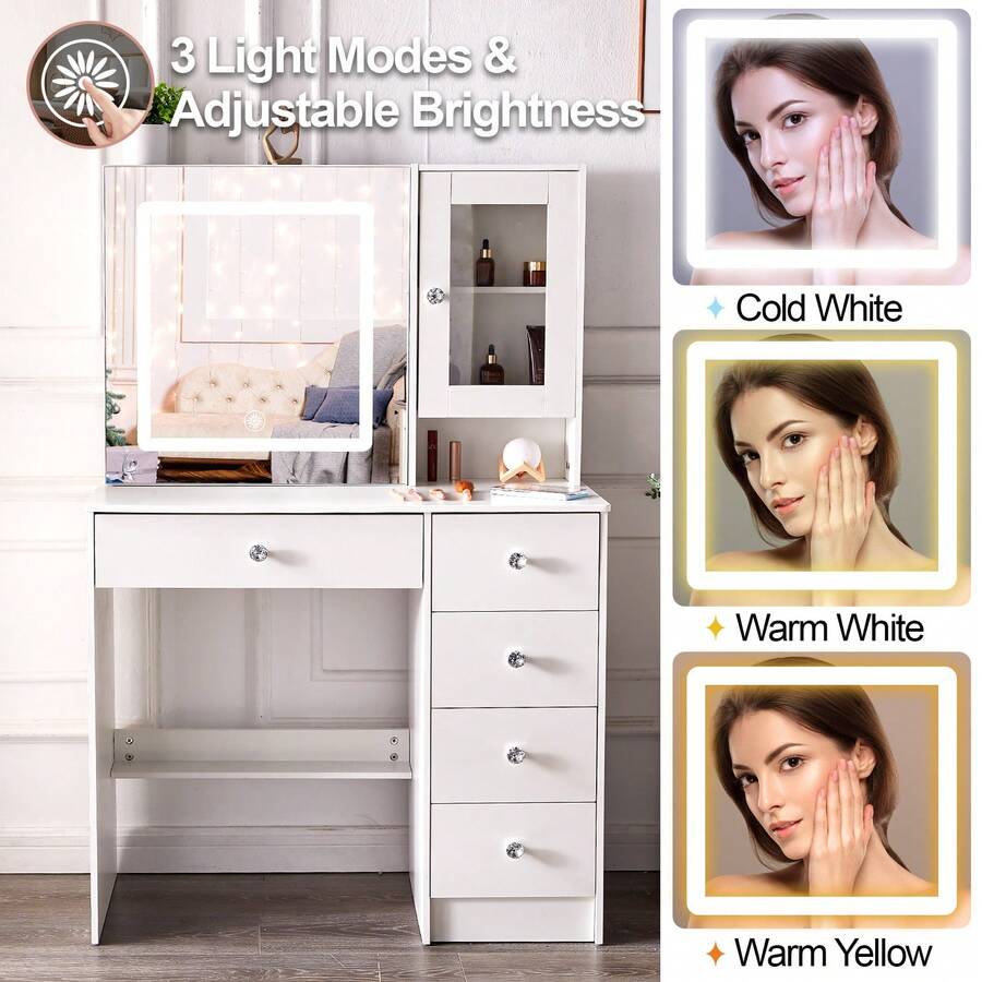 Vanity Desk With Lighted Mirror, Large Makeup Vanity With Sliding