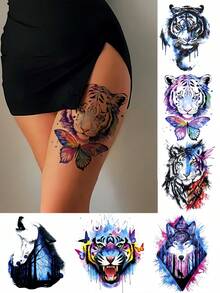 6 Sheets Temporary Tattoo For Women Man Guys Colorful Body Sticker Arm Shoulder Chest Back Makeup Waterproof Large Animal Fake Tattoo Temporary Tattoos Adult Tiger Wolf Butterfly Design - Multicolor - View 1