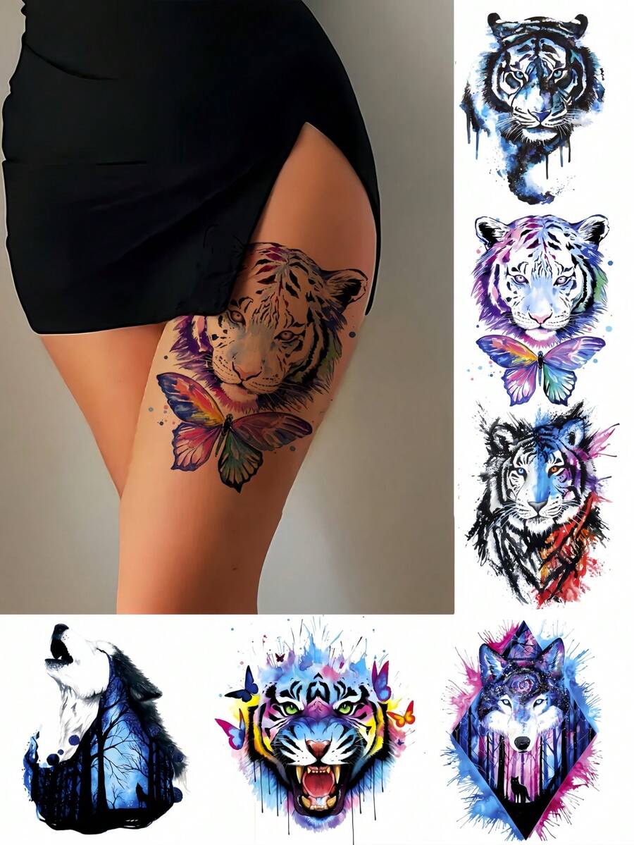 6 Sheets Temporary Tattoo For Women Man Guys Colorful Body Sticker Arm Shoulder Chest Back Makeup Waterproof Large Animal Fake Tattoo Temporary Tattoos Adult Tiger Wolf Butterfly Design - Multicolor - View 1
