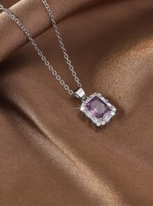 1 件欧美流行彩色锆石镶嵌方形吊坠项链，简约奢华女士项链 - 銀色 - 查看 13