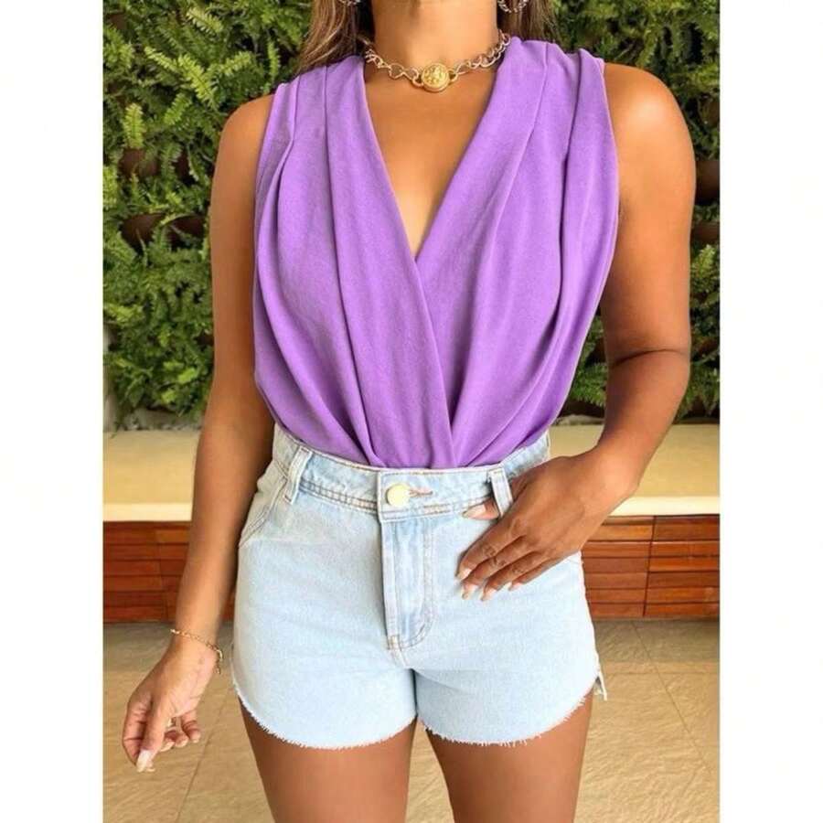 Women's Tank Top With Elastic Waistband, Deep Neckline, Elegant - Màu Lilac Tím - Xem 1