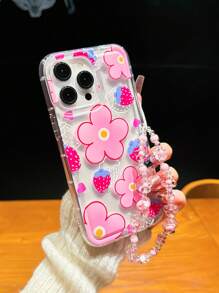 1 pieza Funda protectora de teléfono con airbag, estilo floral y fresa, a prueba de caídas, compatible con Apple 15/11/12/13/14/XR/XS/Pro/Max y A54 5G, A52, A14, A15, A12, S22, S21, con cordón de moda, resistente al agua, a los golpes y a los arañazos, versión internacional, no la versión nacional - Rosa - Ver 4