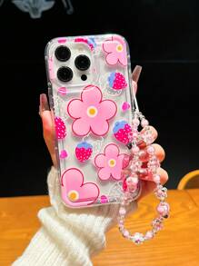 1 pieza Funda protectora de teléfono con airbag, estilo floral y fresa, a prueba de caídas, compatible con Apple 15/11/12/13/14/XR/XS/Pro/Max y A54 5G, A52, A14, A15, A12, S22, S21, con cordón de moda, resistente al agua, a los golpes y a los arañazos, versión internacional, no la versión nacional - Rosa - Ver 3