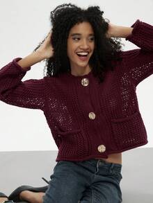 Áo khoác cardigan nữ dáng rộng, tối giản, đa năng, đính cúc kim loại, chất liệu dệt kim dày dặn, phù hợp cho mọi mùa. - Màu Đỏ Sâu - Xem 6