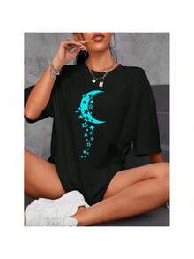 Women's Moon And Stars Printed T-Shirt - 黑色 - 查看 2