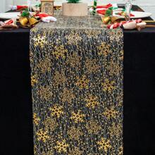 1pc 11"X108" Gold Christmas Sheer Mesh Snowflake Patterned Table Runner, Winter Snowflake Design Table Runner Suitable For Wedding Decoration, Christmas, Kitchen Dining Table, Dinner Table Linen, Christmas Dinner Table Decor - الذهبي - مشاهدة 1