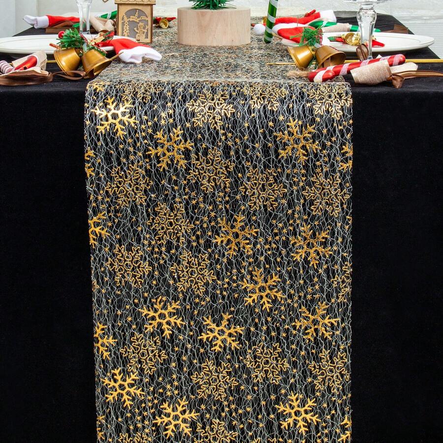 1pc 11"X108" Gold Christmas Sheer Mesh Snowflake Patterned Table Runner, Winter Snowflake Design Table Runner Suitable For Wedding Decoration, Christmas, Kitchen Dining Table, Dinner Table Linen, Christmas Dinner Table Decor - الذهبي - مشاهدة 1
