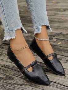 女士大码（36-43）时尚休闲纯色平底乐福鞋，新款春秋季轻便舒适一脚蹬鞋，圆头撞色平底鞋 - 黑色 - 查看 4