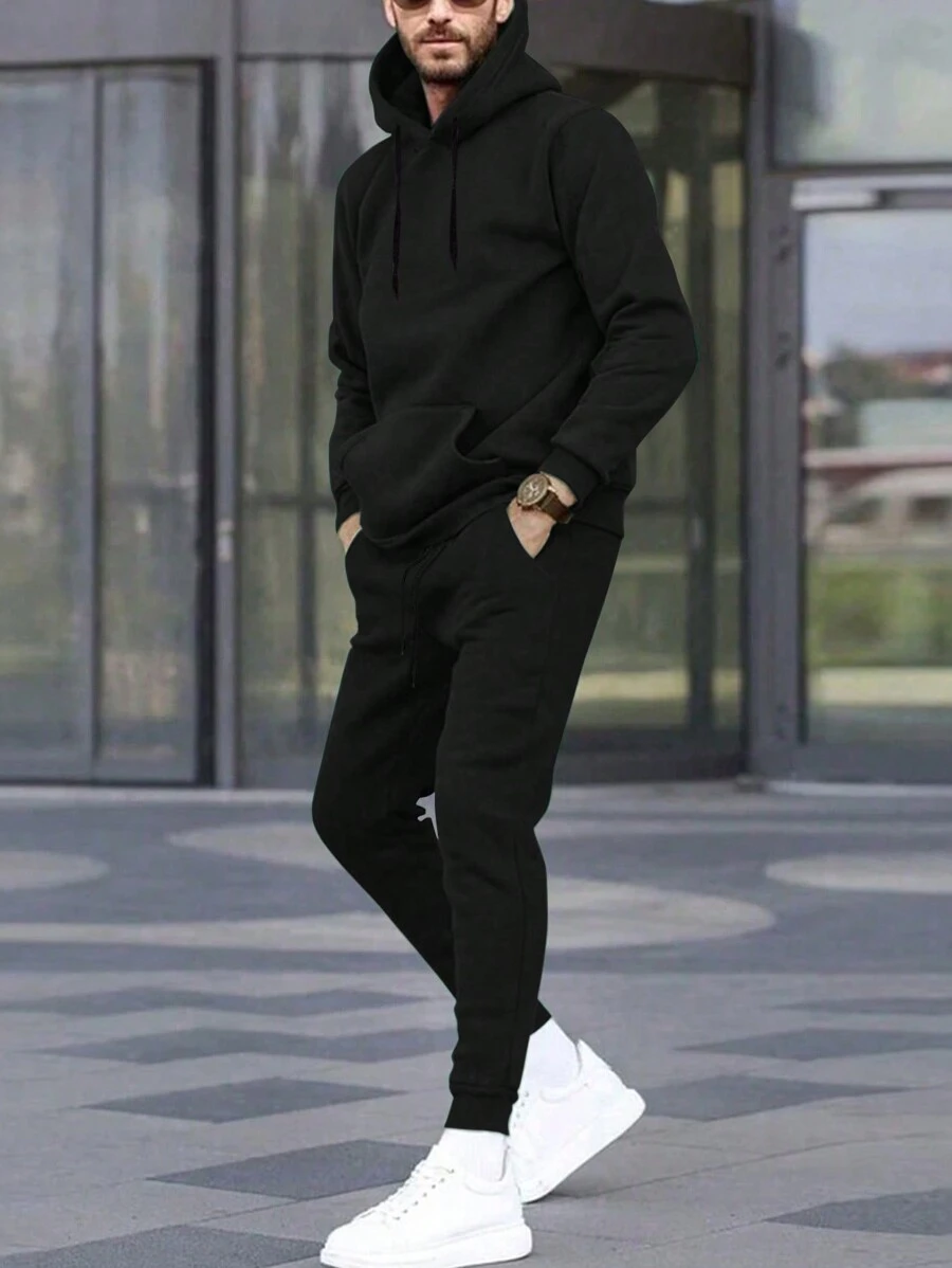 2 件套男士纯色长袖连帽衫和运动裤，秋季休闲套装