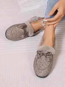 Women's Winter Soft Bottom Plush Flat Indoor Outdoor Home Furry Slippers, Casual Bowknot Non-Slip Slip-On Moccasins
