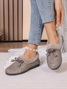 Women's Winter Soft Bottom Plush Flat Indoor Outdoor Home Furry Slippers, Casual Bowknot Non-Slip Slip-On Moccasins