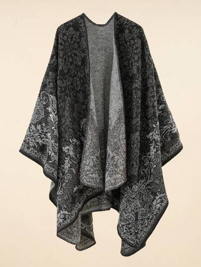 1pc Women Vintage Elegant Floral Print Faux Lamb Wool Cloak, Casual Warm Shawl Scarf For Autumn/Winter Accessories Women