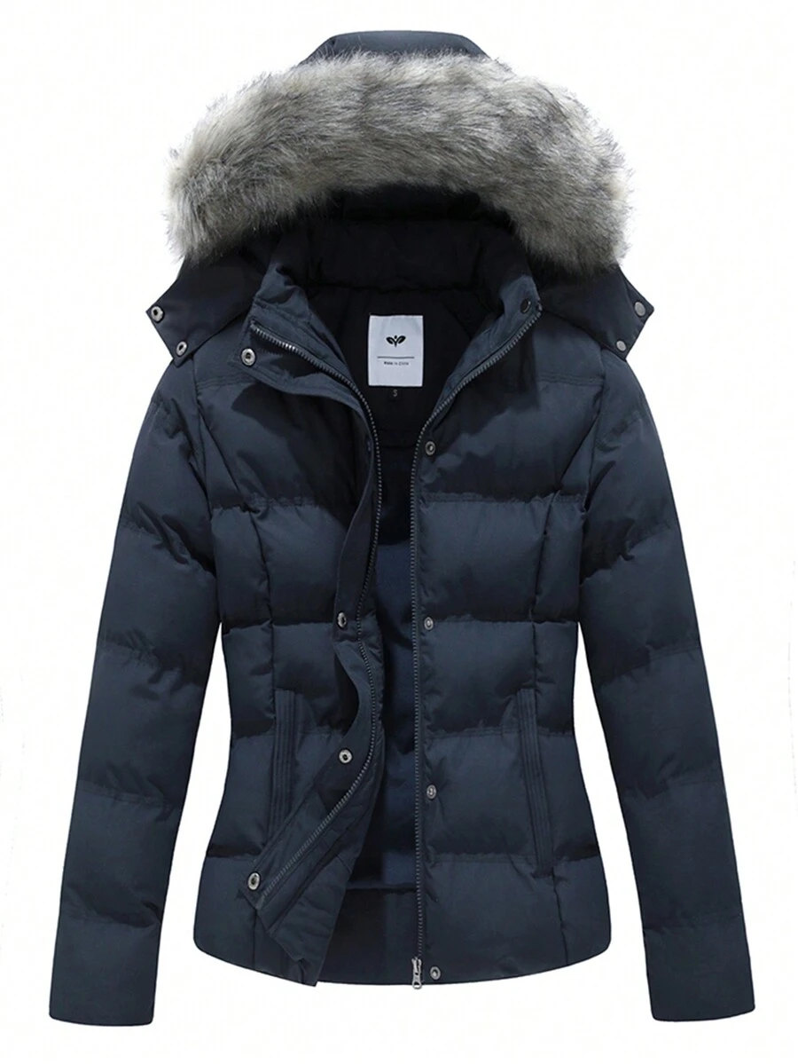 女士厚夹克，冬季新款时尚可拆卸连帽仿毛领保暖棉服外套