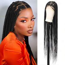 Black Knotless Box Braided Wigs For Women 36" Super Long Braided Lace Wigs Synthetic Braided Lace Front Wigs Embroidery Full Double Lace Braid Wig With Baby Hair - Black - View 1