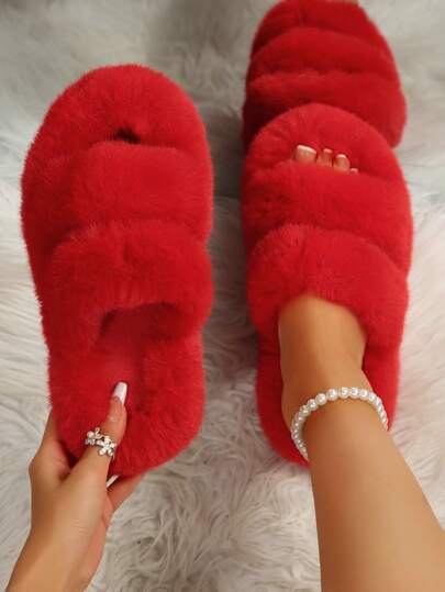 2025 New Fluffy Slippers For Women, Thick Sole Plush Slip-On Slippers For Outdoor & Indoor Wear, Anti-Slip, Autumn/Winter,Christmas,New Year Outfits