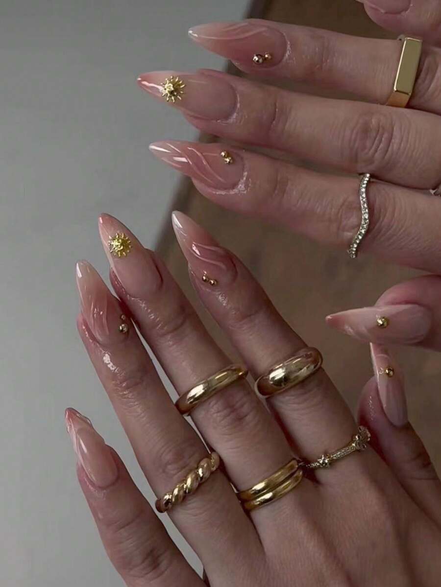 10pcs HandMade AlmondGradient French Tips Blush Pink Tie Dye Sun